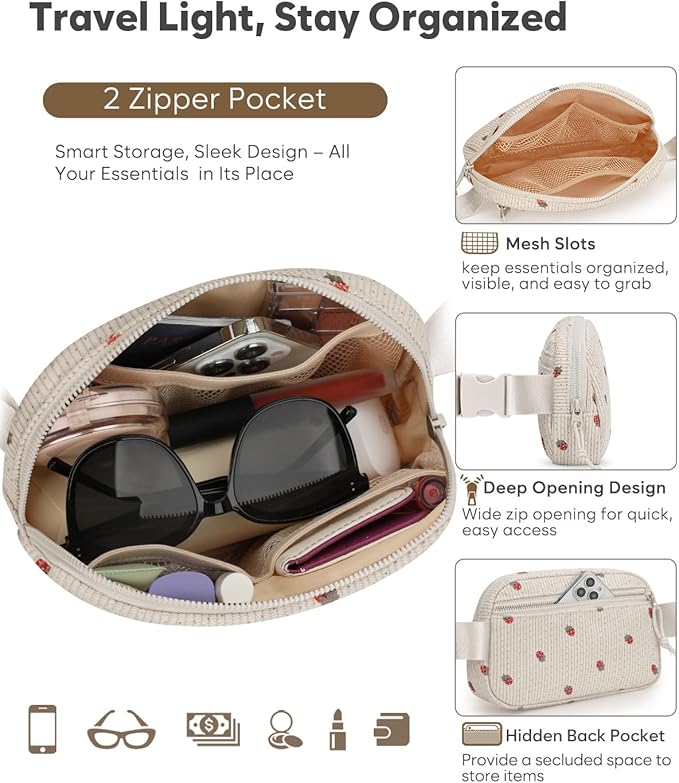 Pritent Fanny Packs for Women Cross Body Bag Waterproof Belt Bag with Adjustable Strap and Zipper Back Pocket Small Crossbody Bags Fashion Waist Packs for Workout Travelling(Strawberry Beige, Large)