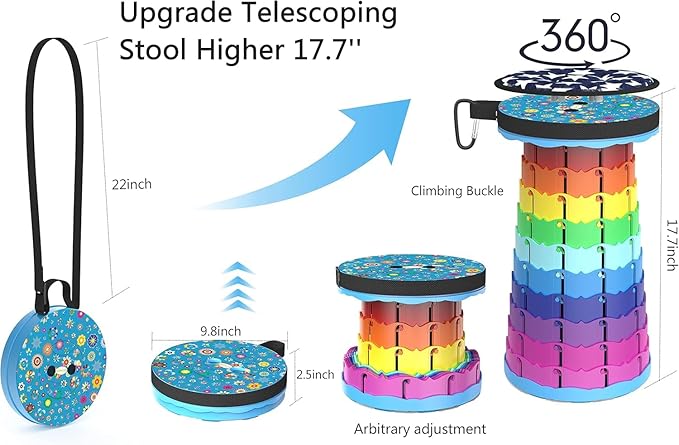 ALEVMOOM Upgraded Portable Collapsible Folding Stool Retractable Telescoping Stool for Adults Sturdy Capacity 440lbs Camping Chair for Outdoor Hiking Garden BBQ