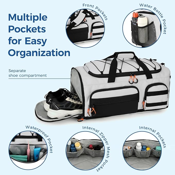 Searock 45L Gym Bag for Men, 3-In-1 Duffle Bag Backpack for Travel, Sports Duffel Bags for Gym Workout, Weekender Overnight Bag with Shoe Compartment, Wet Pocket, Gray