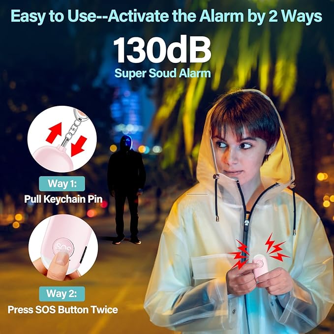 Hion Personal Safety Alarm for Women, Rechargeable 130dB Self Defense Alarm Keychain with LED Flashlight, Emergency Safe Sound Security for Children Elderly College Girls Men, Pink