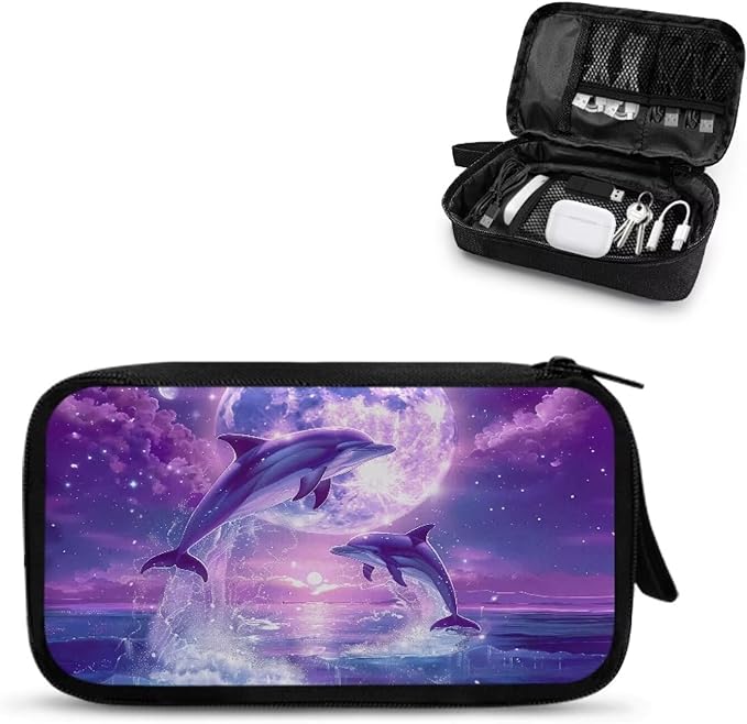 Purple Moonlight Dolphin Print Storage Pouch - Earphone, Cable Organizer, Power Bank & Data Cables Storage, Headset Organizing Multipurpose Bags