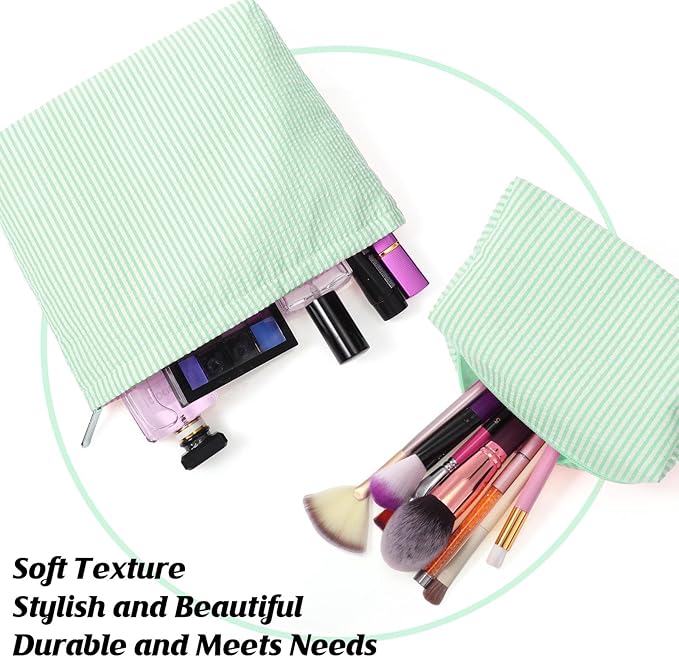 Huhumy 2 Pcs Makeup Bag Set Cute Cosmetic Pouch for Women Seersucker Travel Toiletry Bag Preppy Small Makeup Purse Pouch Aesthetic Skincare Brushes Storage Organizer for Valentine Women(Green)