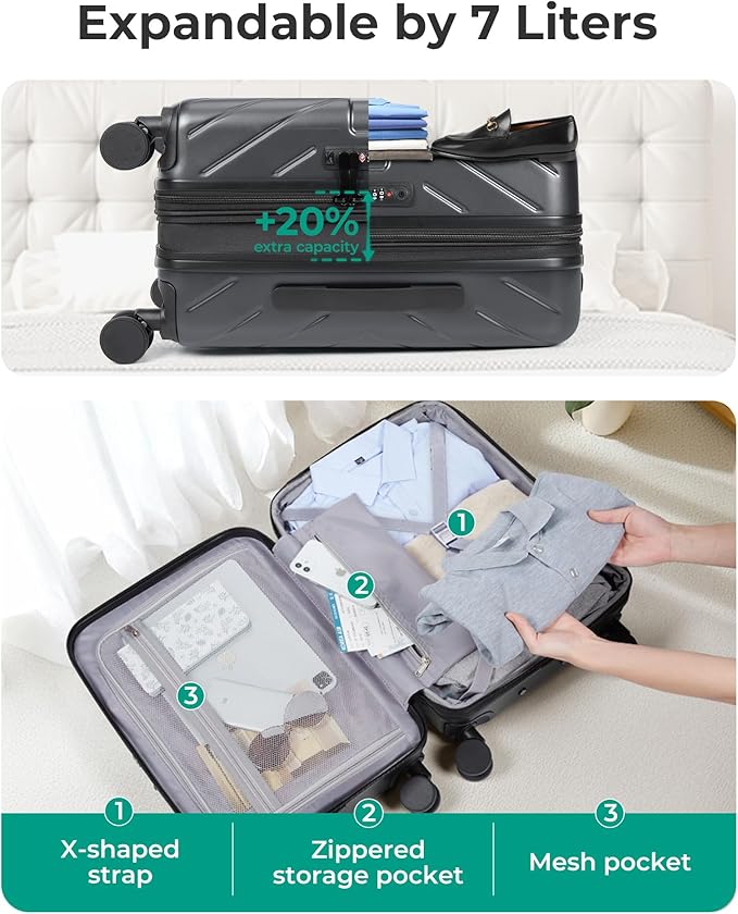 BAGSMART Carry on Luggage 22x14x9 Airline Approved with TSA Lock, 100% Polycarbonate Hardside Suitcase with Spinner Wheels, Gray