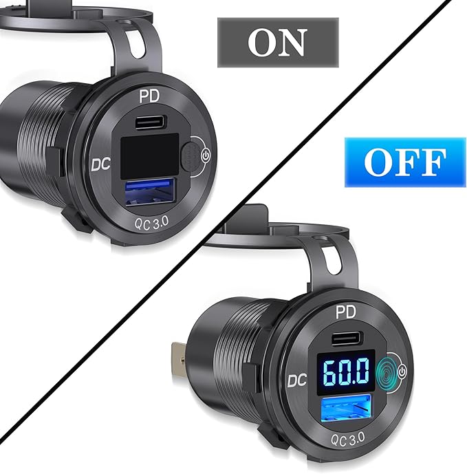 12V 24V 36V 48V 60V High Voltage USB Outlet Aluminum Car Socket, PD 36W and QC 36W Car Port Outlet Waterproof Cigarette Lighter Power Adapter DIY Kit with Button Switch for Boat Golf Cart, etc.