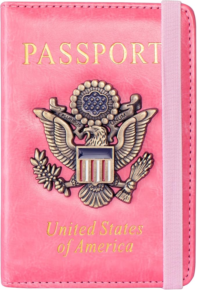 Passport Holder Cover and Card Case Slot Combo RFID Blocking Leather Travel Passport Wallet for Men and Women US Passport Protector Document Organizer,Pink