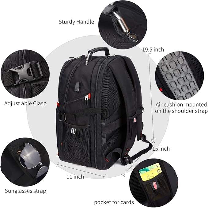 SHRRADOO Extra Large 50L Travel Laptop Backpack with combination lock, College Backpack Airline Approved Business Work Bag Fit 17 Inch Laptops for Men Women,Black