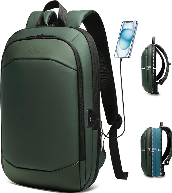 Business Backpack 17 Inch Slim Expandable Waterproof Travel Laptop Backpacks with USB Charger Port Anti-Theft Lightweight Large Work Computer Bag College Laptop Backpacks Gifts for Men Women, Green