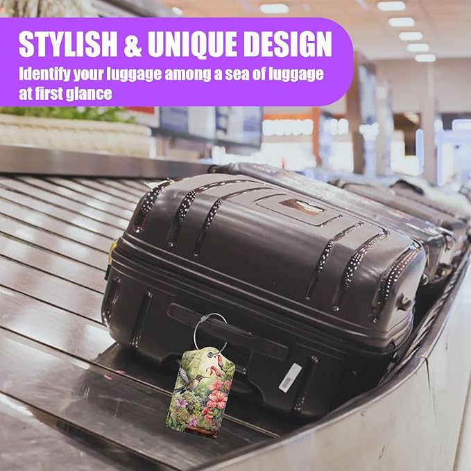 3 Pack Hummingbird Flowers Luggage Tags for Suitcase Floral PU Leather Travel Luggage Tag Privacy Cover ID Label for Women Men Baggage Backpack Handbag School Bag