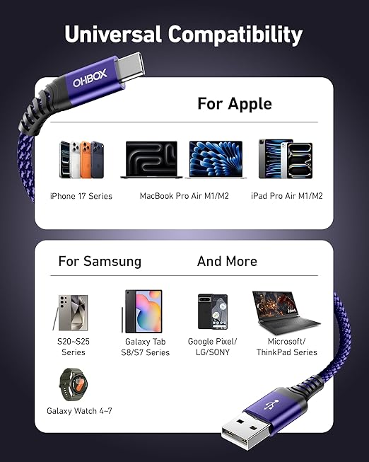 USB to USB C Cable Fast Charging [2 Pack 6FT], USB A to USB C Cable for Car, Durable Braided USB Type C iPhone Charger USBC Cord for iPhone 17/16/15/Pro Max/Plus, Samsung Galaxy S23 and More-Purple