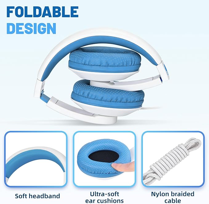rockpapa Comfort Kids Headphones for School, Lightweight Foldable Portable Childs Boys Girls Teens Headphones Wired 3.5mm with 4.9ft Cord for Travel Airplane Tablet Phone Pad Laptop White/Blue