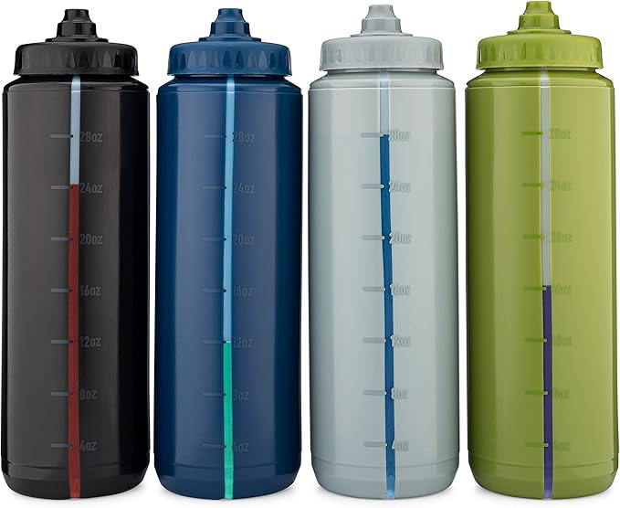 Hydra Cup Sport 4 Pack 32 oz Squeeze Water Bottles, Sports Water Bottle Pack with Fast Flow Valve, BPA-Free Squirt Water Bottles (Dark Colors)