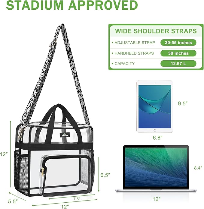 MAY TREE Clear Bag for Stadium Events, 12x6x15 Clear Tote Bag with Removable Strap, Transparent Bag for Concert Sports Gym, Cow-Strap