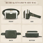 RAINSMORE Fanny Packs for Women, Leather Belt Bag Waterproof Everywhere Crossbody Waist Pack with Adjustable Strap Retro Sling Chest Bag for Work Running Travel Party, Dark Green with White