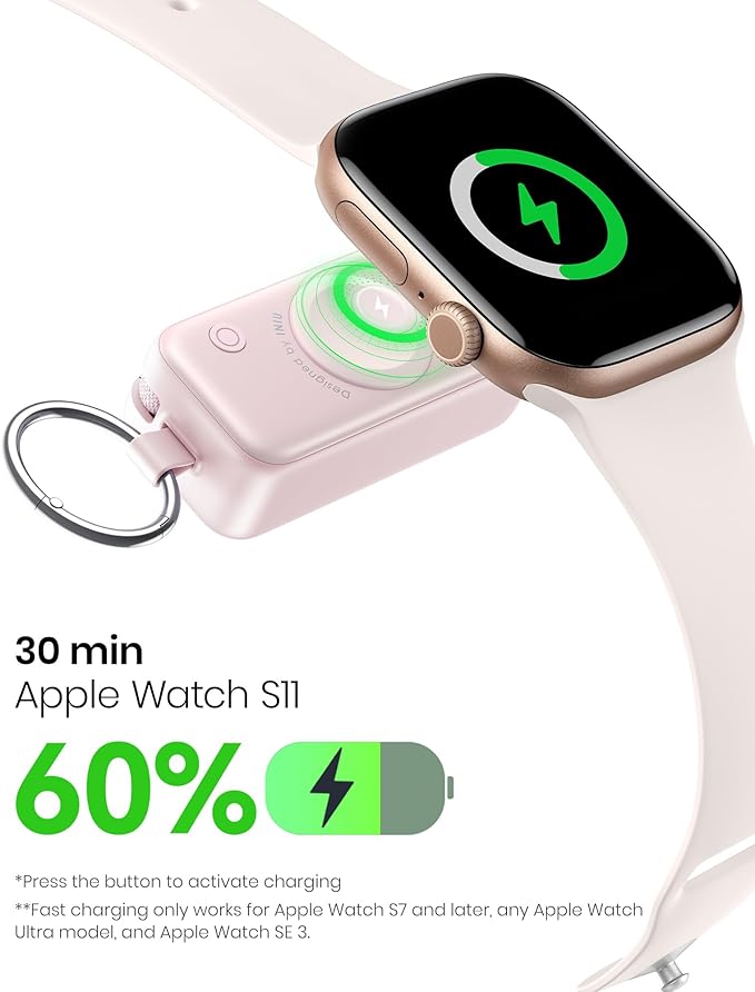 INIU 3-in-1 Portable Charger, 5000mAh Power Bank with Watch Charger & Built-in Cable, Compact 20W Fast Charging Battery Pack, Key Chain & Travel Essential for iPhone 16 15, Apple Watch, AirPods, etc