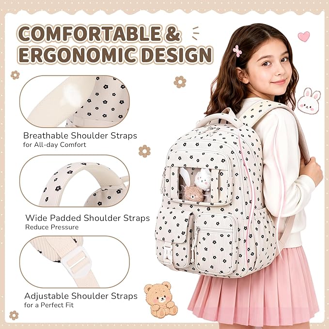 PIG PIG GIRL Corduroy Backpack 3PCS Kids Backpack for Girls School Bags for Middle School Students Book Bag for Elementary Primary Kawaii Ita Backpack with Lunch Box Pencil Case Set, Flower