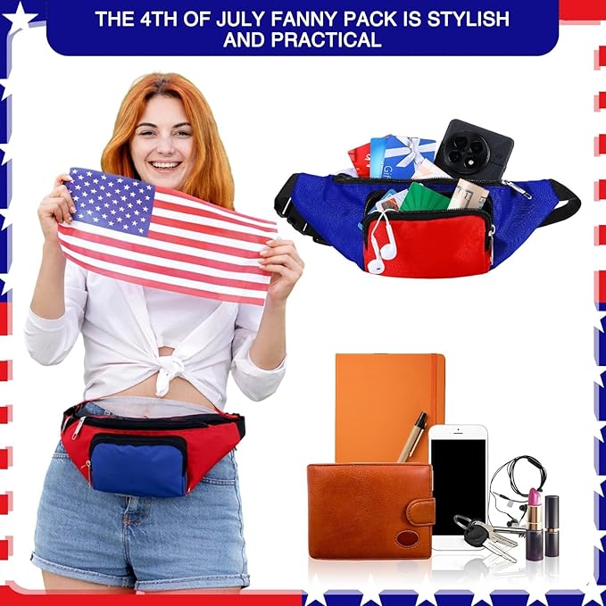 Abbylike 6 Pcs 4th of July Neon Fanny Packs 250th Anniversary Adjustable Waist Bags Patriotic Style Party Outfit Accessories for Women Men Travelling Outdoors Cycling Independence Day