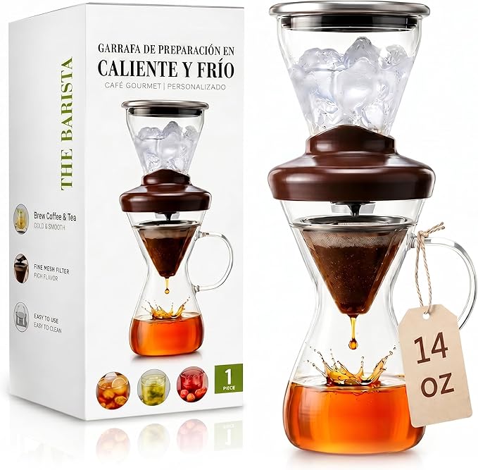 Blue Horizon Hot & Iced Coffee Maker 14oz – Pour Over Coffee Dripper with Temperature Resistant Glass Carafe & Stainless Steel Reusable Filter, Single Serve Cold Coffee & Hot Tea Brewer