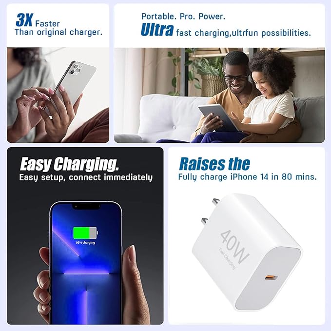 USB C Charger Block，2-Pack 40W Type C Chagrer Fast Charging with 4FT&6FT Fast Charging Cable Compatible with i Phone 17/17 Plus/17 Pro/17 Pro Max/16/16 Plus/16 Pro/16 Pro Max/15/15 Pro Max