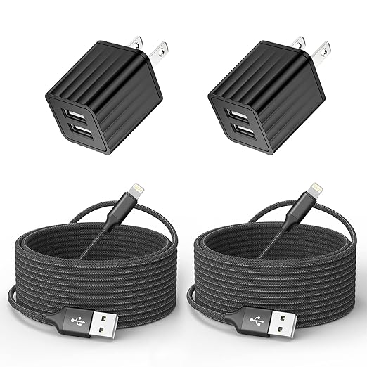 iPhone Charger 10ft, Fast i Phone Block Dual 2Port USB Wall Charger Block Adapter Plug 2 Pack & Long 10foot Fast Charging Nylon Braided Lightning Cable Cord for iPhone 14/13/12/11/XS/XR/8 Plus/SE iPad