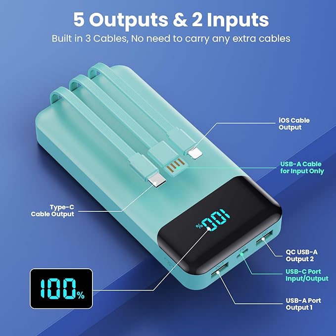Portable Charger 40800mAh Power Bank with 3 Built-in Cables,PD 25W USB C in&Out Power Bank Fast Phone Charging,QC4.0 5 Outputs Travel Camping Essential Battery Pack for iPhone 17/16,Samsung etc-Green