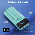 Portable Charger 40800mAh Power Bank with 3 Built-in Cables,PD 25W USB C in&Out Power Bank Fast Phone Charging,QC4.0 5 Outputs Travel Camping Essential Battery Pack for iPhone 17/16,Samsung etc-Green
