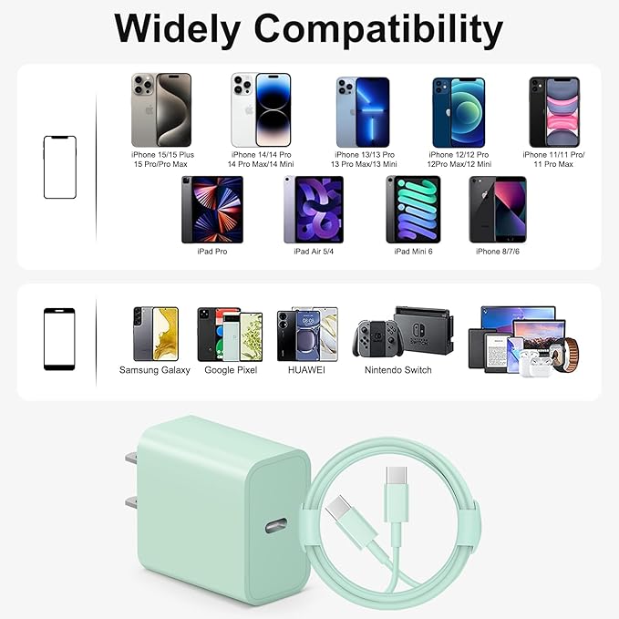 iPhone 17 16 15 Charger Fast Charging 10FT - 20W USB C Charger Block with 10FT Type C to C Cable Compatible with iPhone 17/17 Pro/17 Pro Max/Air/16/16e/15, iPad Pro, iPad Air (Green)