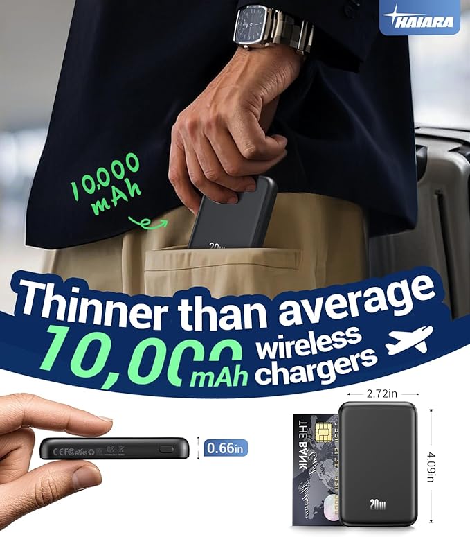 Portable Charger for Magsafe Power Bank - 10000mAh Magnetic Phone Charger, USB-C 20W PD Fast Charging, Slim Wireless Battery Pack for iPhone 17/16/15/14/13 Series,for Travel Cruise Essentials-Obsidian