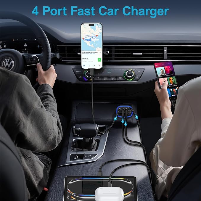 Multi 4 Ports Fast Car Charger Adapter 12V Auto Vehicle Plug - USB C & USB A Quick Charging - Cigarette Lighter Cell Phone Automobile Charger for iPhone 17 Pro Max Air 16e 16 15 14 13 12, Samsung S26
