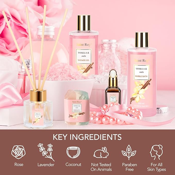 Mothers Day Gifts for Women Spa Gift Basket Vanilla Oat 16 Pcs Bath Scents for Women,Bath Gift Set Enriched essential oil, Home Spa with Shower Gel, Body Oil, Diffuser, Shower Steamer spa kit Mom