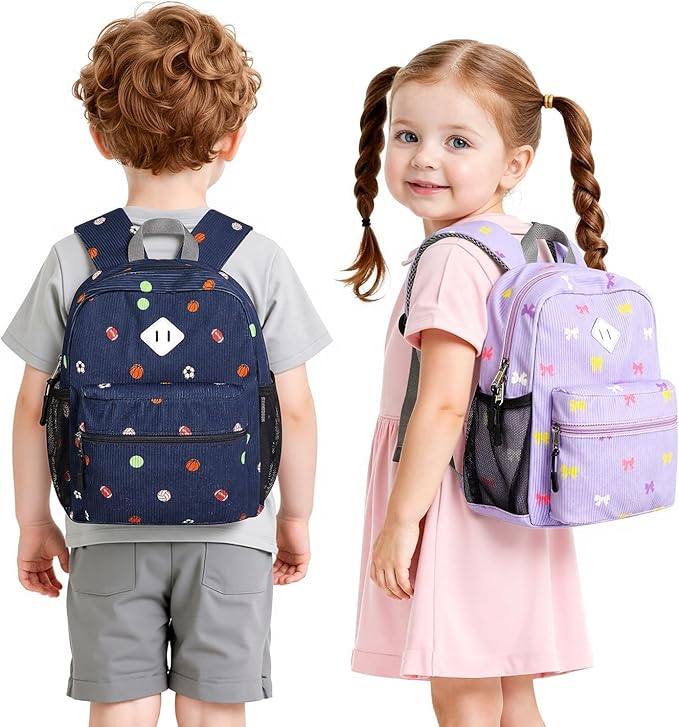 STEAMEDBUN Corduroy Toddler Backpack for Girls 2-4, Kids Preschool Backpack for Kindergarten - Purple Bow