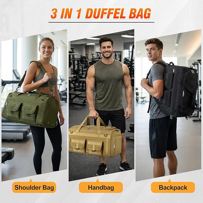 RAINSMORE 3 in 1 Gym Bag for Men, 45L Large Sports Duffle Bag with Shoe Compartment and Wet Pocket, Water-Resistant Tactical Backpack Carry On for Travel, Workout & Military Gear, Black