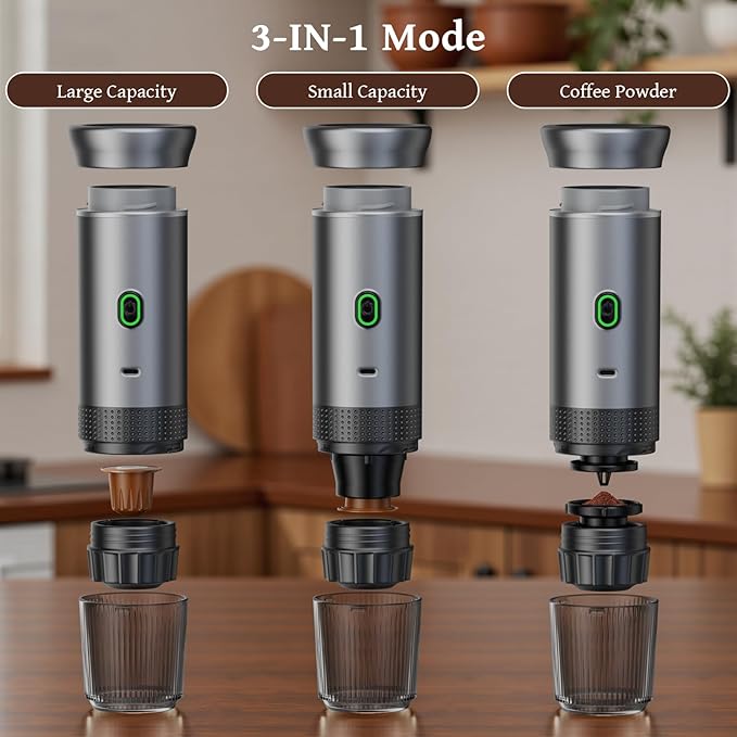 Portable Coffee Maker Espresso Machine, Travel Coffee Maker Self-Heating with USB-C Small Tea Cup, Compatible with Ground Coffee & NS Capsule for RV,Car, Hiking, Camping Office (Green)