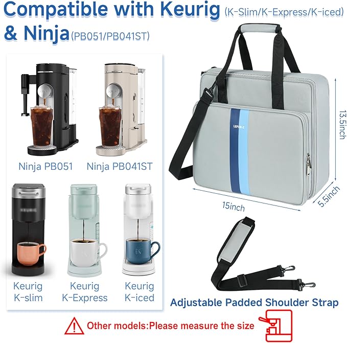 LEFOR·Z Coffee Maker Travel Bag Compatible with Keurig K-Slim/K-Express/K-Iced/Ninja PB051/PB041ST,Single Serve Coffee Brewer Carrying Case with Multiple Pockets for K-Cup Pods,Grey(Bag Only)