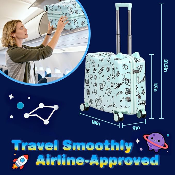 Kids Ride-On Suitcase with Cute Ears, DIY Graffiti Coloring Design, 20" Carry-On Luggage with 4 Spinner Wheels, Pull Rope & Combination Lock – Rideable Travel Case for Toddlers & Children(Green)