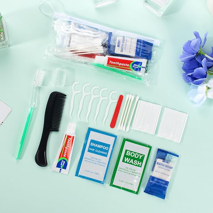 10 Sets Personal Hygiene Kit Bulk,10-IN-1 Green Individually Wrapped Disposable Travel Toothbrushes and Hotel Vanity Set Basic Toiletry Supplies for Homeless,Guests,Charity