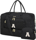 Initial Travel Duffle Bag for Women - Black Personalized Weekender bags Overnight Bag with Shoe Compartment & Wet Pocket Weekend Tote Bags with Toiletry Bag Monogram Christmas Gifts (Letter A)