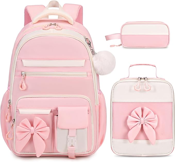DIGOBAY Backpack for Girls, 3PCS Girls Backpack for School with Lunch Bag Pencil Case, Cute Kids Teens Bookbag for Kindergarten Elementary Preschool Middle School (Pink)