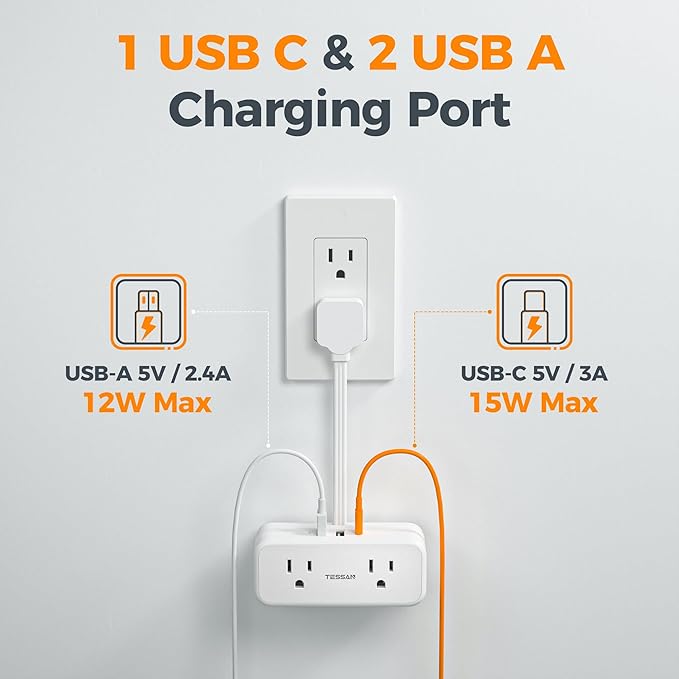 TESSAN Short Extension Cord 0.5Ft, Flat Plug Outlet Extender Surge Protector with 4 Widely AC with 3 USB Ports (1 USB C), Multi Plug Small Power Strip for Travel, Home, College Dorm Essentials, White