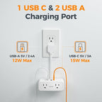 TESSAN Short Extension Cord 0.5Ft, Flat Plug Outlet Extender Surge Protector with 4 Widely AC with 3 USB Ports (1 USB C), Multi Plug Small Power Strip for Travel, Home, College Dorm Essentials, White