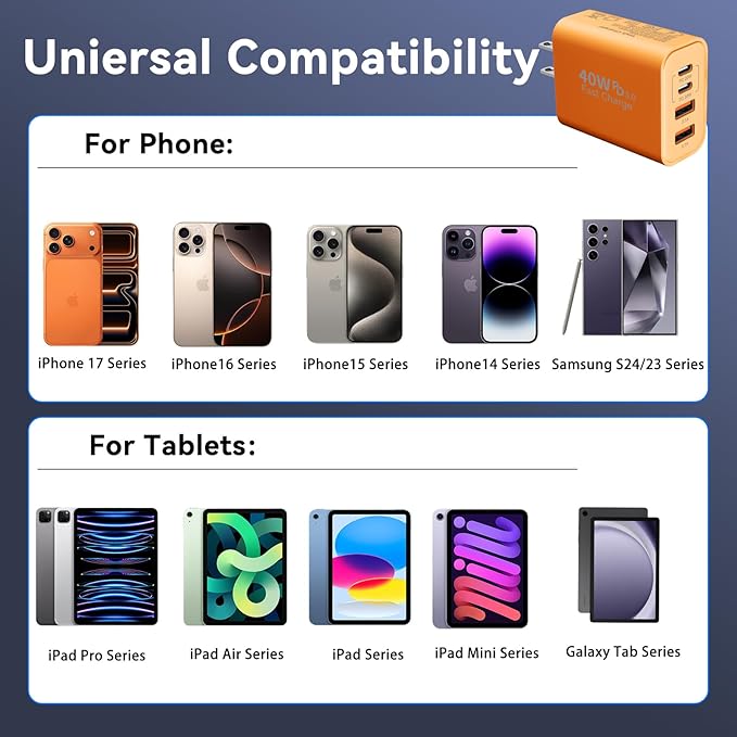 USB C Wall Fast Charger Block, 40W 4-Port Type C Charger Fast Charging Blocks +QC 3.0 USB C Multiport Charger Brick for Phone 17/16/15/14/13/12 Pro Max, Pad, Cosmic Orange