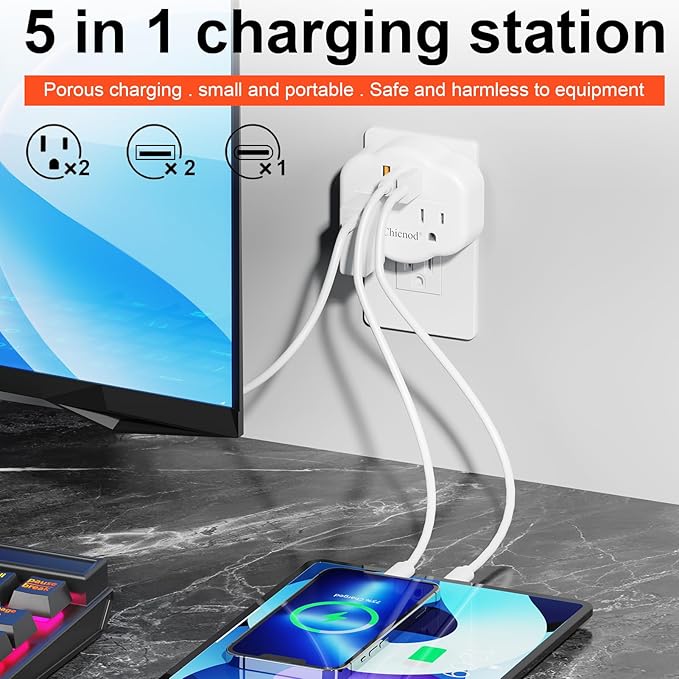 5 in 1 Wall Outlet Extender with USB & Type-C, Surge Protector, 2 AC Outlets, 1050J Fireproof, ETL/FCC Certified, Compact for Travel, Office, Home