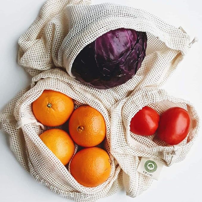 Reusable Cotton Mesh Produce Bags - 100% Organic Cotton, Durable, Double Stitched, Washable with Tare Weight & Drawstring - Mesh Bags for Grocery Shopping, Vegetables & Fruits | Set of 6 (2L, 2M, 2S)