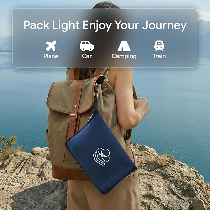 Travel Blanket, Soft 2-in-1 Airplane Blanket, 65x40 Inches, Travel Blanket Airplane Compact with Bag, Car Blanket with Luggage Sleeve & Backpack Clip (Navy Blue)