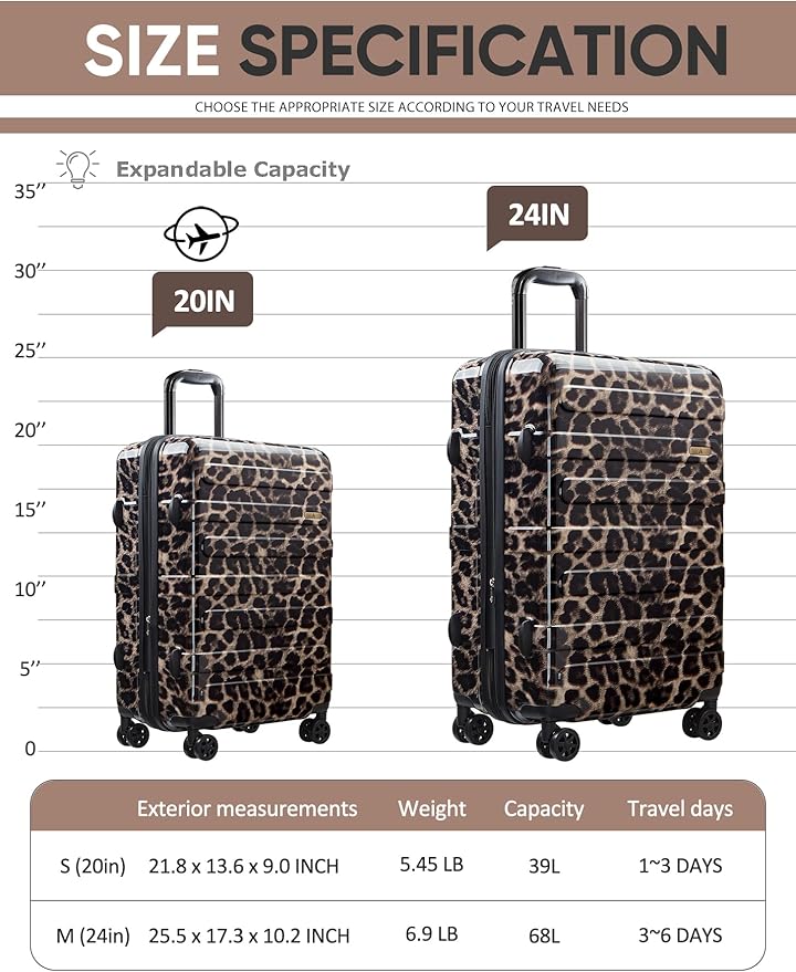 Tolino Carry on Luggage Checke Airline Approved,24 Inch Hardside Suitcase with Wheels TSA Lock, PC+ABS Lightweight Carry on Suitcases for Women and Men Cheetah Print