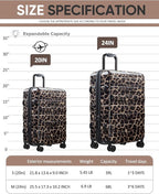 Tolino Carry on Luggage Checke Airline Approved,24 Inch Hardside Suitcase with Wheels TSA Lock, PC+ABS Lightweight Carry on Suitcases for Women and Men Cheetah Print