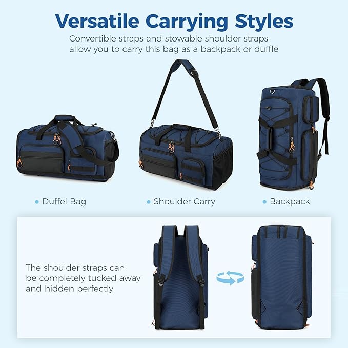 Searock 45L Gym Bag for Men, 3-In-1 Duffle Bag Backpack for Travel, Sports Duffel Bags for Gym Workout, Weekender Overnight Bag with Shoe Compartment, Wet Pocket, Navy Blue