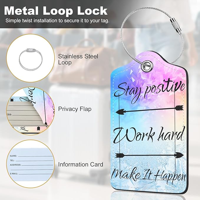 2Pack Luggage Tags for Suitcases, Cute Unique Pu Leather Cruise Luggage Tag with Privacy Cover ID Label Address Card and Metal Ring Suitable for Women Men Kids Travel Bag Stay Positive