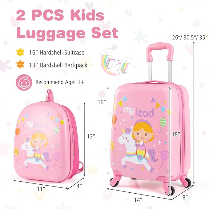 BABY JOY 2 PCS Kids Luggage, 16” Carry-on Hardshell Suitcase with Wheels & Hardside Backpack for Boys Girls, Airline-Approved Toddler Travel Luggage Set (Pink Pony)