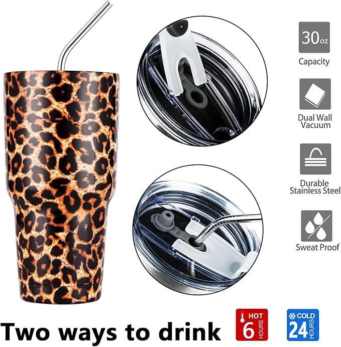 30oz Leopard Tumbler Stainless Steel Insulated Travel Mug with Straw Lid Cleaning Brush (30 oz Leopard), 1 Count (Pack of 1)
