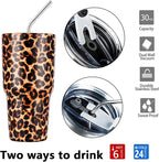 30oz Leopard Tumbler Stainless Steel Insulated Travel Mug with Straw Lid Cleaning Brush (30 oz Leopard), 1 Count (Pack of 1)
